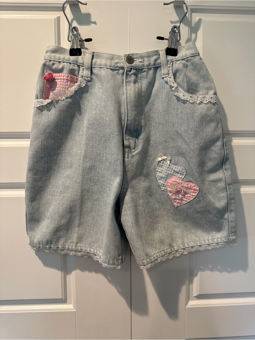 Vintage 90s Girls Dressed Up Denim Patchwork Lace Girly trim mom Shorts Size 12